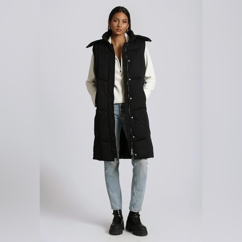 NWT Avec Les Filles Thermalpuff Longline Hooded Puffer Vest Black Size M…